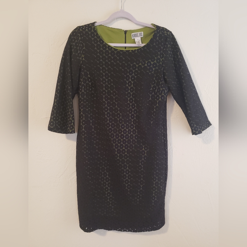 Robbie Bee black and green 3/4 sleeve midi dress, size M
